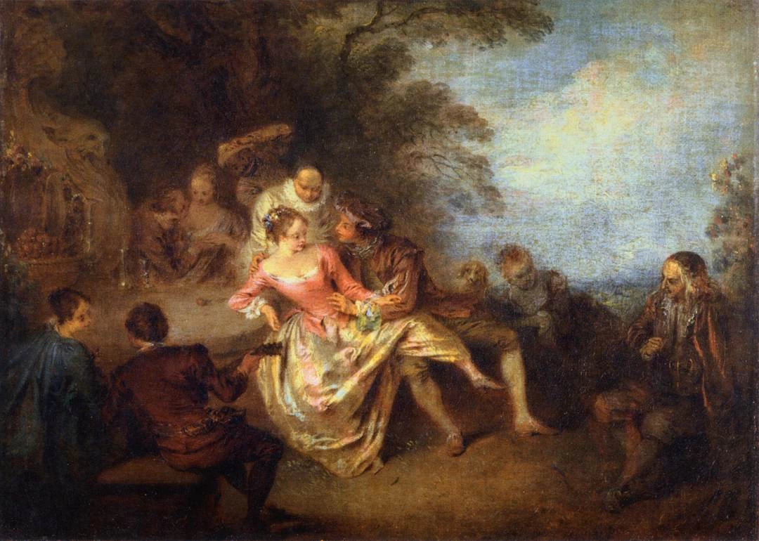 Raduno degli attori della Comédie - Italienne in un parco, Louvre, Parigi